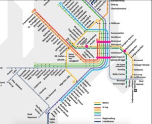 Mapa metra a vlakov, Kodaň